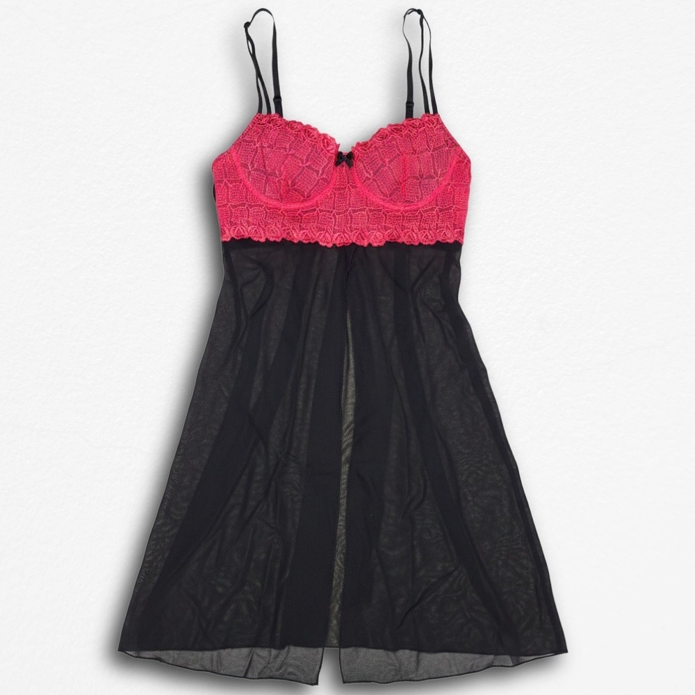 Pink Lace Underwire Babydoll Nightgown Sheer Black Mesh‎ Lingerie Dress